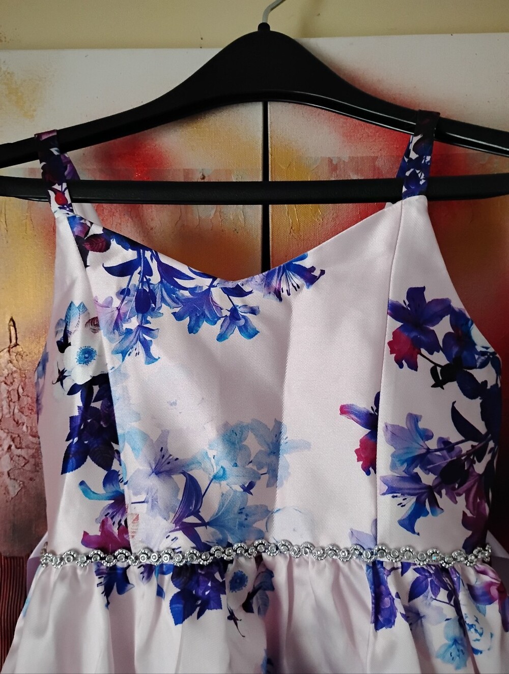 Emily Rose White Floral High-Low Dress with Purple and Blue Blooms - Picture 8 of 10